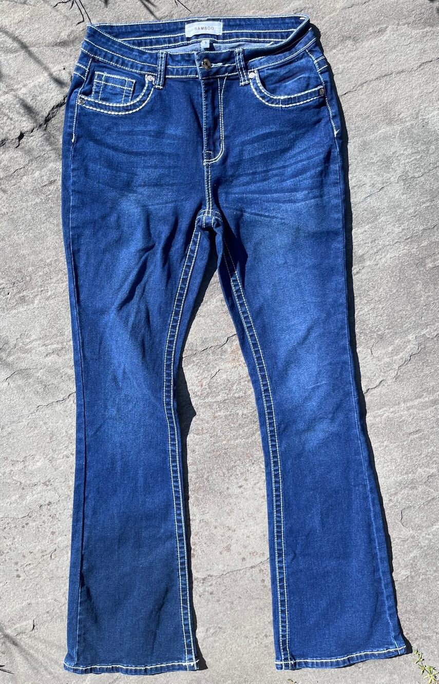 Bamboo Y2K McBling Flare Jeans Rhinestone Cross Pocket Contrast Stitch Size 9 28